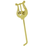 A gold lacquered Vincent Bach 1691L trumpet lyre featuring a thick, large-diameter bent stem and a dual-spring sheet music clip.