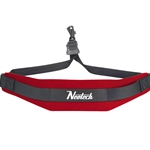 A vibrant red Neotech Soft Sax Strap showing its cushioned neoprene neck pad, adjustable nylon webbing, and secure black swivel hook.