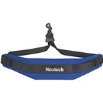 A royal blue Neotech Soft Sax Strap showing its cushioned neoprene neck pad, adjustable nylon webbing, and secure black swivel hook.