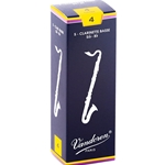 An individual Vandoren Traditional Bass Clarinet Reed in strength 4 resting next to its clear protective sleeve.