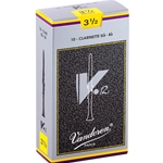 Single Vandoren V12 clarinet reed in strength 3.5 showcasing the filed French cut.