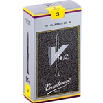 Single Vandoren V12 clarinet reed in strength 3.0 showcasing the filed French cut.