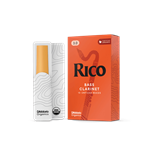A single Rico by D'Addario organic bass clarinet reed in strength 3, showcasing the unfiled cut tip and spine profile.