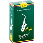 A single Vandoren JAVA Green Alto Saxophone Reed in its protective wrapper displaying strength 2.5.