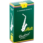 A single Vandoren JAVA Green Alto Saxophone Reed in its protective wrapper displaying strength 3.0.