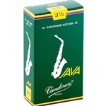 A single Vandoren JAVA Green Alto Saxophone Reed in its protective wrapper displaying strength 3.5.