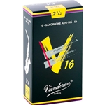 An individual Vandoren V16 Alto Saxophone reed strength 2.5 shown alongside its protective green packaging wrapper.