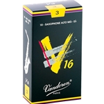 A single Vandoren V16 Alto Saxophone reed strength 3.0 resting on top of its protective plastic factory sleeve.