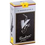 A premium single Vandoren V12 Alto Saxophone reed in strength 4.0 shown on a crisp white background with its iconic metallic packaging.