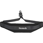 A classic black Neotech Soft Sax Strap showcasing its padded neoprene neck cushion, adjustable nylon webbing, and open black plastic hook.