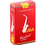 An individual Vandoren JAVA Red Alto Saxophone Reed in its factory-sealed sleeve showing strength 2.5.