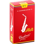 An individual Vandoren JAVA Red Alto Saxophone Reed in its factory-sealed sleeve showing strength 3.5.