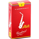 An individual Vandoren JAVA Red Alto Saxophone Reed in its factory-sealed sleeve showing strength 3.0.