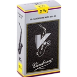 A silver box of premium Vandoren V12 Strength 2.5 Alto Saxophone Reeds on display at MusicMasters on North Monroe Street.