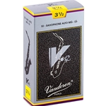 Close up of a single Vandoren V12 Alto Saxophone reed with the strength number 3.5 engraved on the back of the cane heel.