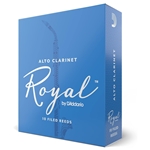 An individual Rico Royal Alto Clarinet reed in strength 2.5 showing its filed French cut profile and uniform cane construction.