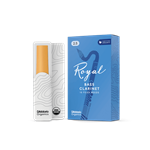 An individual Rico Royal Bass Clarinet reed in strength 2.5 showing its filed French cut profile and uniform cane construction.