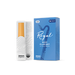 An individual Rico Royal Bass Clarinet reed in strength 3.0 showing its filed French cut profile and uniform cane construction.