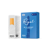 An individual Rico Royal Bb Clarinet reed in strength 3.5 showing its filed French cut profile and uniform cane construction.