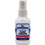Compact translucent SuperSlick pocket-size trombone slide sprayer with a fine-mist pump mechanism