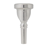 Polished silver-plated Faxx 120 Helleberg tuba mouthpiece showcasing its deep funnel cup design