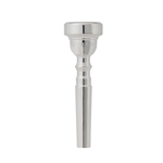A brilliant silver-plated Faxx 3C trumpet mouthpiece sitting inside its retail packaging.