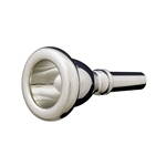 Polished silver-plated Blessing Helleberg tuba mouthpiece showing the deep funnel cup design.