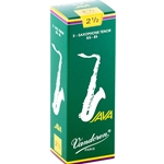 Single Vandoren JAVA Green tenor saxophone reed in strength 2.5 showing the flexible unfiled jazz cut.