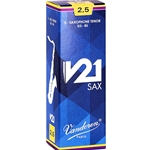 Single Vandoren V21 tenor saxophone reed in strength 2.5 showcasing the filed French cut.