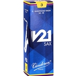 Single Vandoren V21 tenor saxophone reed in strength 3.0 showcasing the filed French cut.
