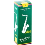 Single Vandoren JAVA Green tenor saxophone reed in strength 2.0 showing the flexible unfiled jazz cut.