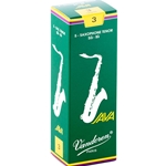 Single Vandoren JAVA Green tenor saxophone reed in strength 3.0 showing the flexible unfiled jazz cut.