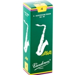 Single Vandoren JAVA Green tenor saxophone reed in strength 4.0 showing the flexible unfiled jazz cut.