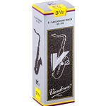 Single Vandoren V12 tenor saxophone reed in strength 3.5 showcasing the filed French cut.