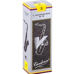 Single Vandoren V12 tenor saxophone reed in strength 3.0 showcasing the filed French cut.