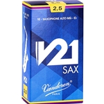 Individual Vandoren V21 Alto Saxophone reed alongside its blue-and-silver packaging displaying its strength profile selection.