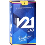 A single Vandoren V21 Alto Saxophone reed strength 3.0 resting on its factory protective sleeve wrapper.
