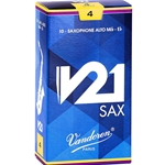 A premium single Vandoren V21 Alto Saxophone reed in strength 4.0 sitting on a white background with packaging visible behind it.