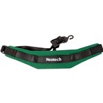 A forest green Neotech Soft Sax Strap featuring a padded neoprene neck cushion and an open black plastic hook attached to adjustable webbing.
