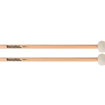 A matched pair of Innovative Percussion GTX-3 hard staccato timpani mallets featuring natural bamboo handles and white felt heads with red trim thread.