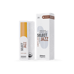 An individual D'Addario Organic Select Jazz Baritone Saxophone reed in strength 2 Soft showing its unfiled American cut profile and organic cane construction.