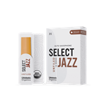 An individual D'Addario Organic Select Jazz Alto Saxophone reed in strength 3 Soft showing its unfiled American cut profile and organic cane construction.