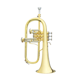 Elegant German-crafted B&S Challenger I professional Bb flugelhorn finished in clear lacquer with a hand-hammered brass bell and vertical valve slides
