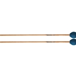 A pair of Innovative Percussion IP240 Solo Series medium-hard marimba mallets with straight birch shafts and tightly wrapped teal blue wool yarn heads.