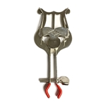A durable nickel-plated American Plating clamp-on trumpet lyre with a black vinyl-coated clamp designed to attach directly to instrument tubing.