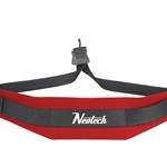 A bright red Neotech Soft Sax Strap featuring a cushioned neoprene neck pad and a black vinyl-coated open metal hook attached to adjustable nylon webbing.