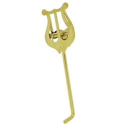 A gold lacquered Vincent Bach 1691L trumpet lyre featuring a thick, large-diameter bent stem and a dual-spring sheet music clip.