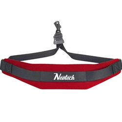 A vibrant red Neotech Soft Sax Strap showing its cushioned neoprene neck pad, adjustable nylon webbing, and secure black swivel hook.