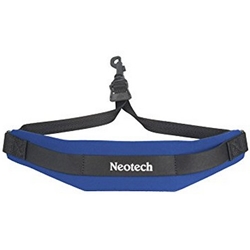 A royal blue Neotech Soft Sax Strap showing its cushioned neoprene neck pad, adjustable nylon webbing, and secure black swivel hook.