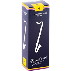 An individual Vandoren Traditional Bass Clarinet Reed in strength 4 resting next to its clear protective sleeve.
